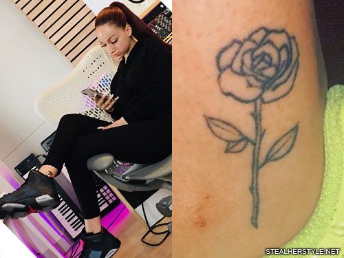danielles rose tattoo on the innerside of her right leg 