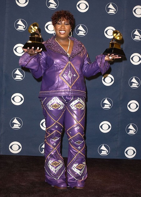 Missy Elliott receiving her first two Grammy's at the same time in 2017.