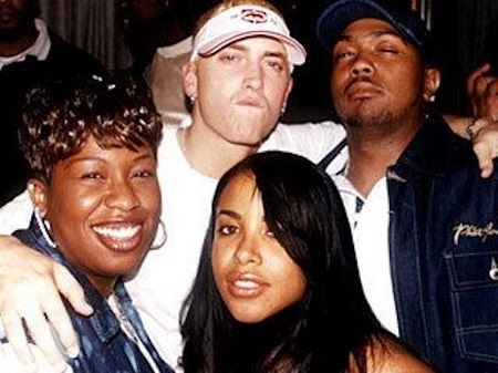 Aaliyah, Missy and Timberland at Eminem’s Marshall Mathers Lp release party back in 2000.
