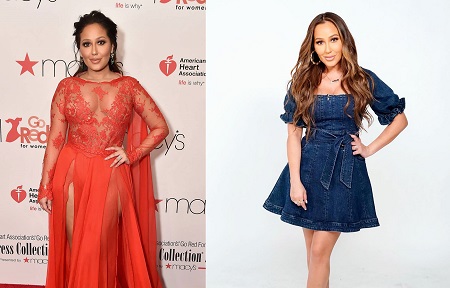 "Adrienne Bailon Stills at Go Red for Women Red Dress Collection 2018 Presented by Macy’s in New York 2018/02/08" vs Adrienne Bailon preparing for 'The Real' Podcast in March 2020.