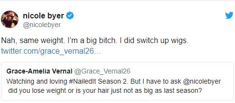 Nicole Byer responded to a fan-tweet denying weight-loss.