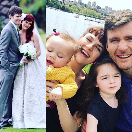Two photos: One of the couple from the wedding and the other with their two kids.