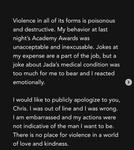 Will Smith apologized to Chris Rock via Instagram.Photo Source" Instagram